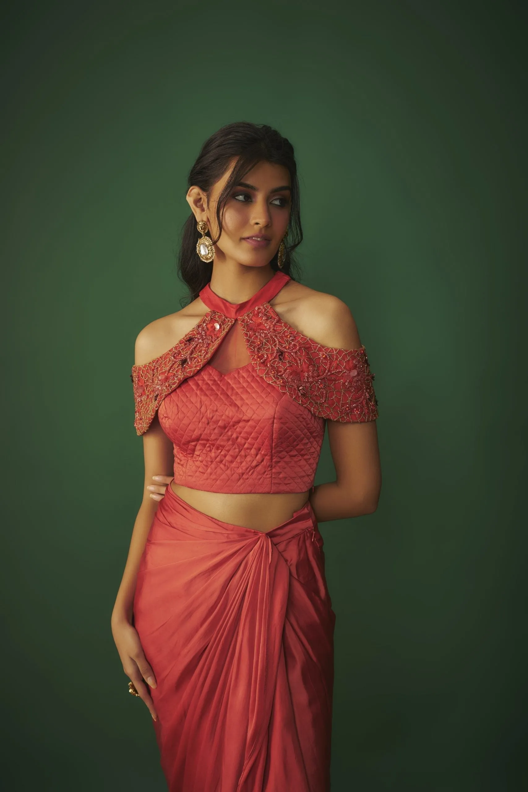 ORANGE EMBROIDERED TOP AND DRAPED SKIRT SET