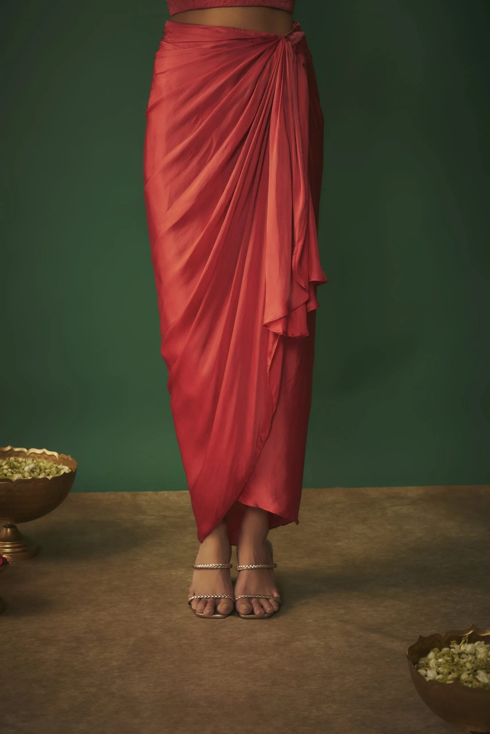 ORANGE EMBROIDERED TOP AND DRAPED SKIRT SET
