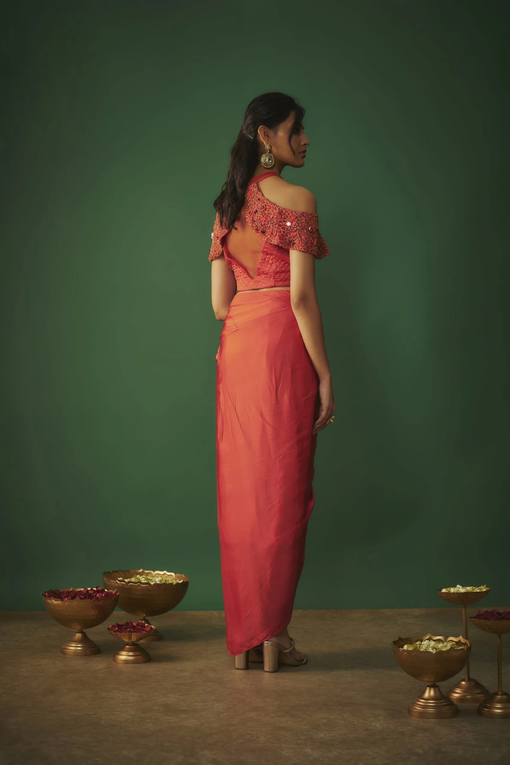 ORANGE EMBROIDERED TOP AND DRAPED SKIRT SET