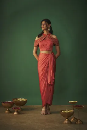 ORANGE EMBROIDERED TOP AND DRAPED SKIRT SET