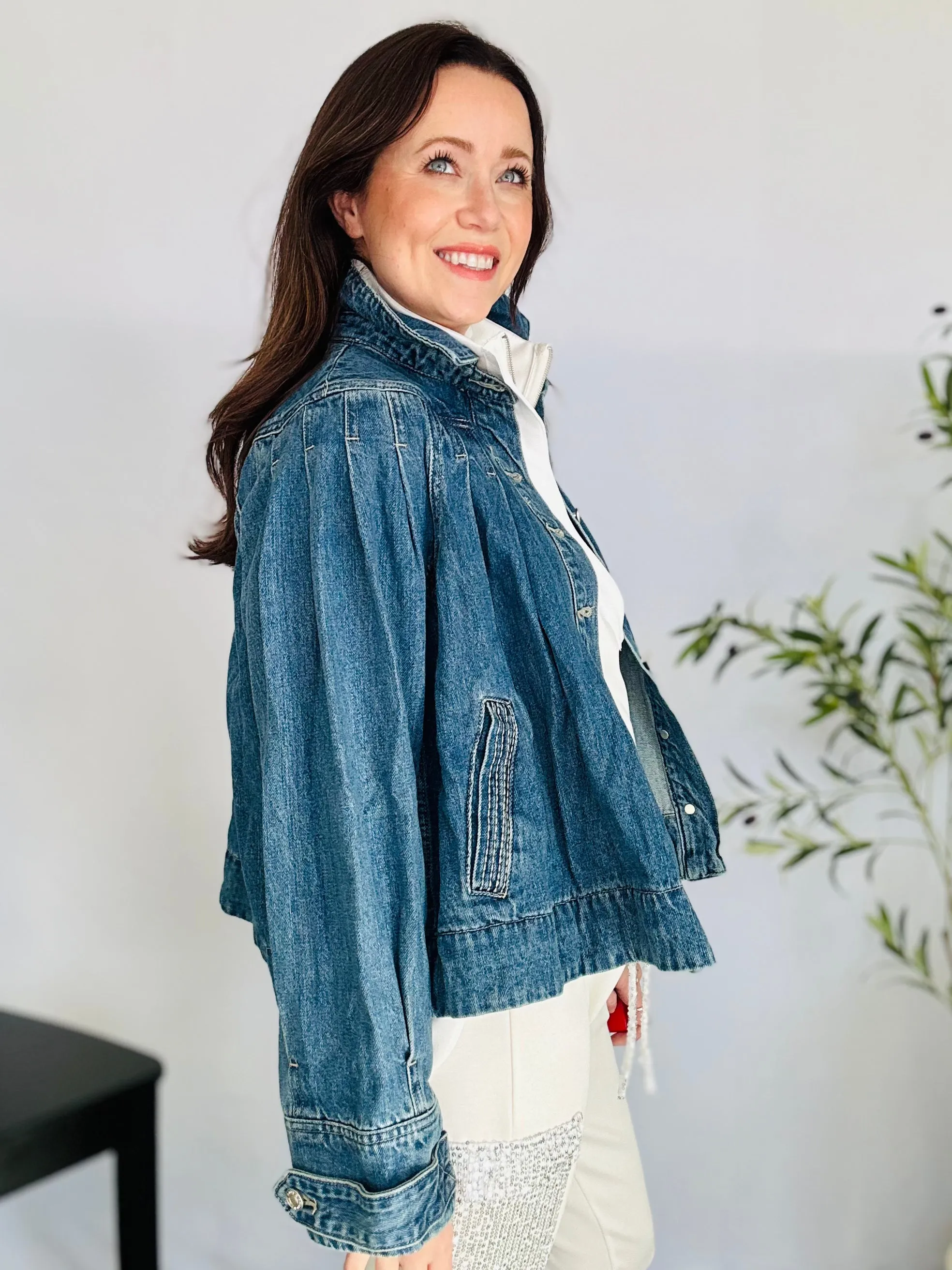 Pleated Cropped Denim Jacket