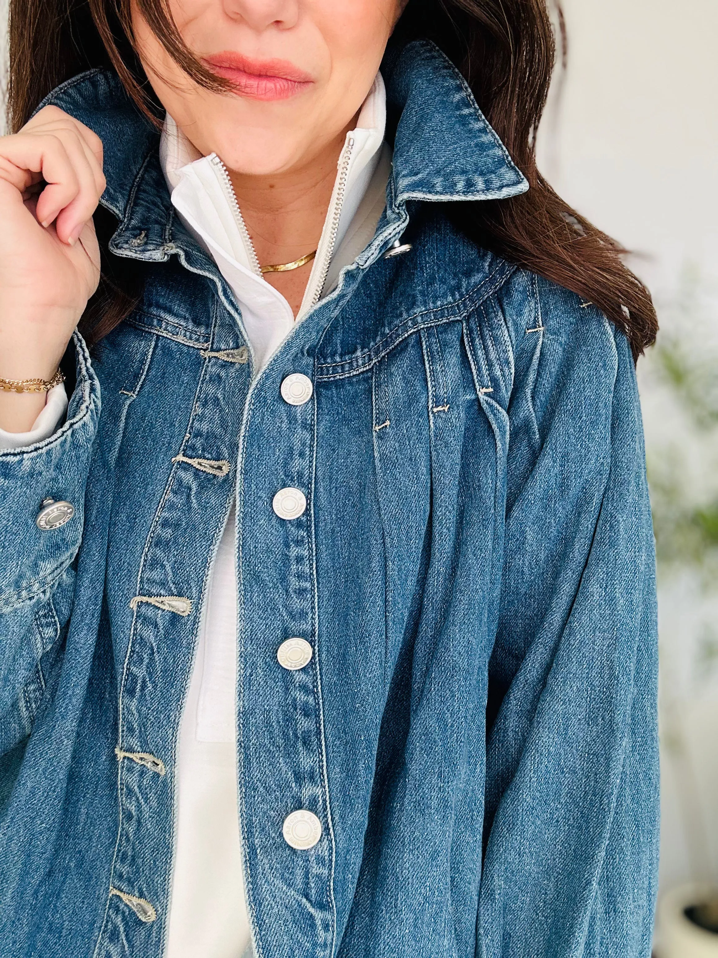 Pleated Cropped Denim Jacket