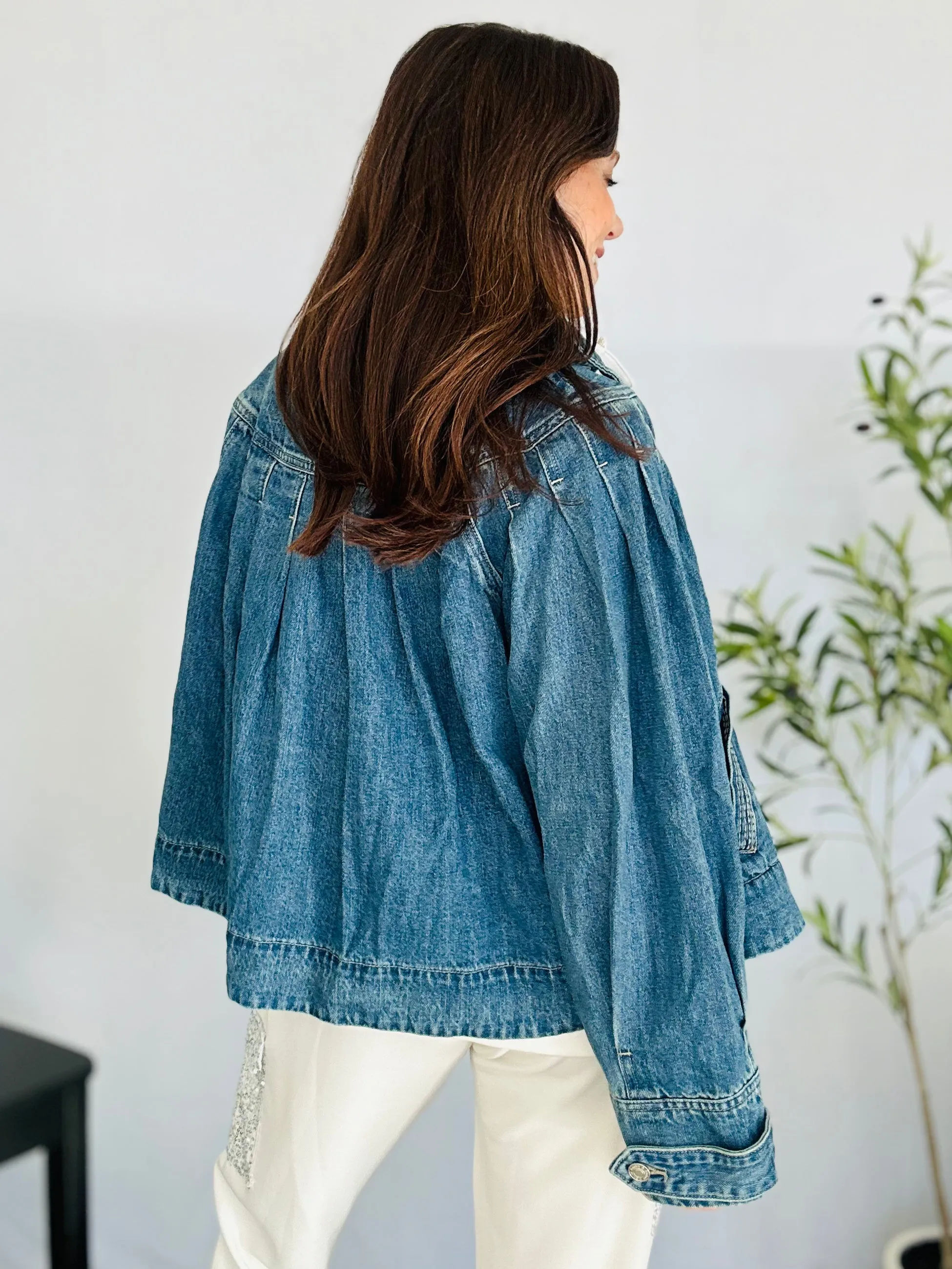 Pleated Cropped Denim Jacket