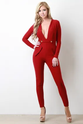 Plunging V-Neck Double Button Jumpsuit