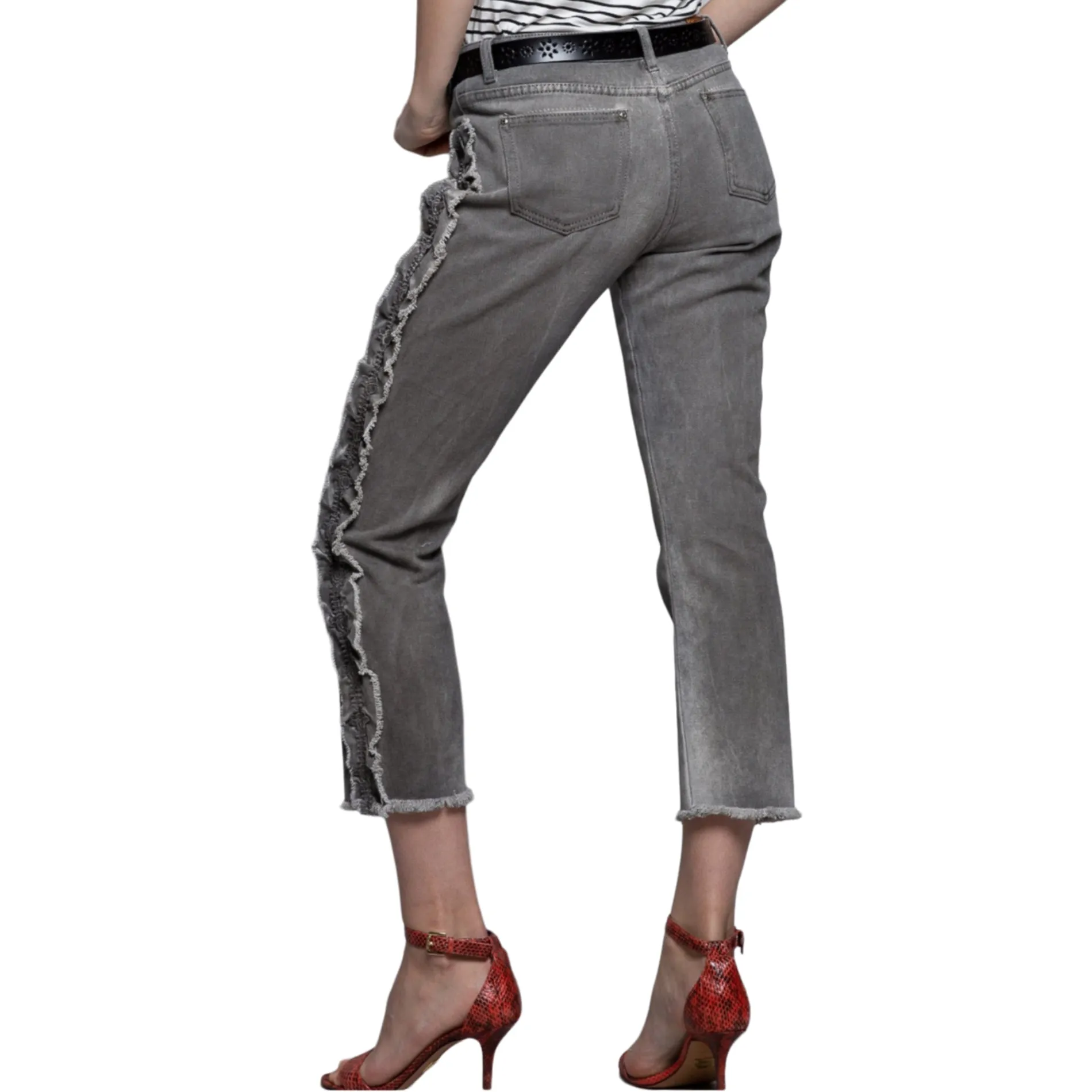 POL Ruffle side Mid Rise Cropped Gray Denim Jeans