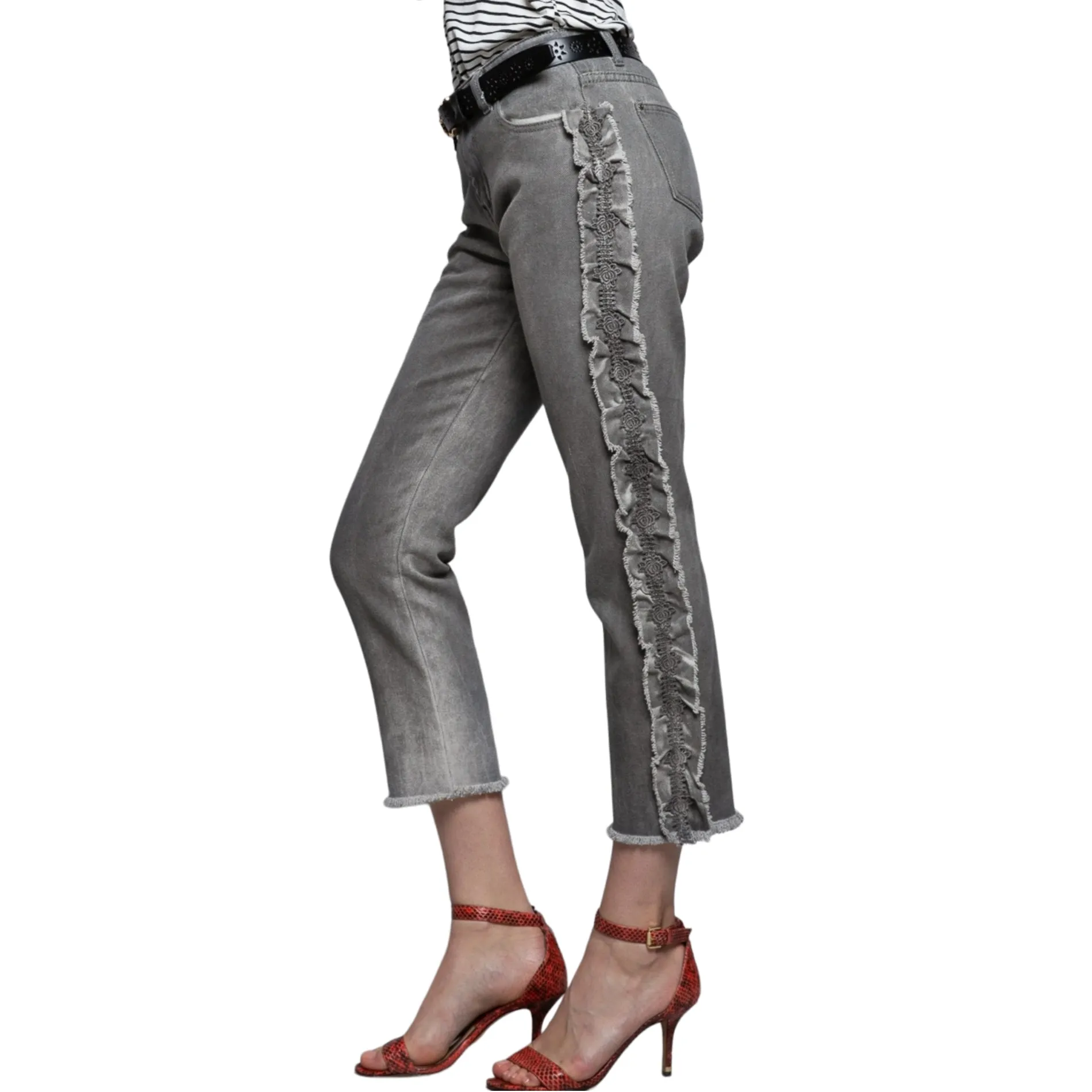 POL Ruffle side Mid Rise Cropped Gray Denim Jeans