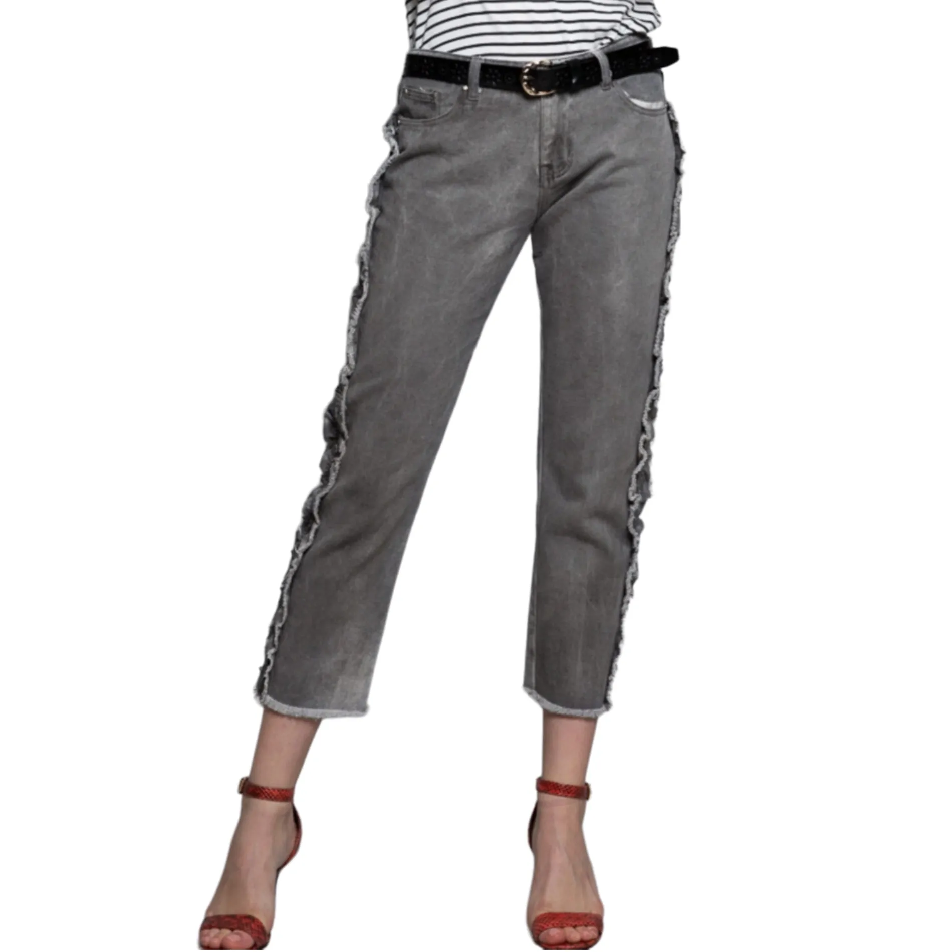 POL Ruffle side Mid Rise Cropped Gray Denim Jeans