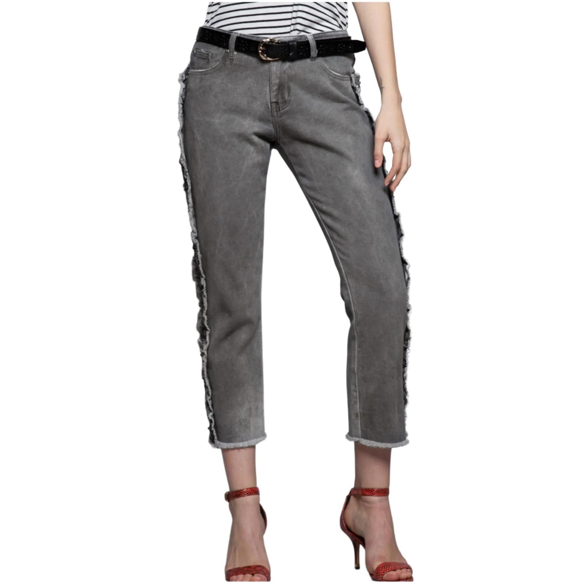 POL Ruffle side Mid Rise Cropped Gray Denim Jeans