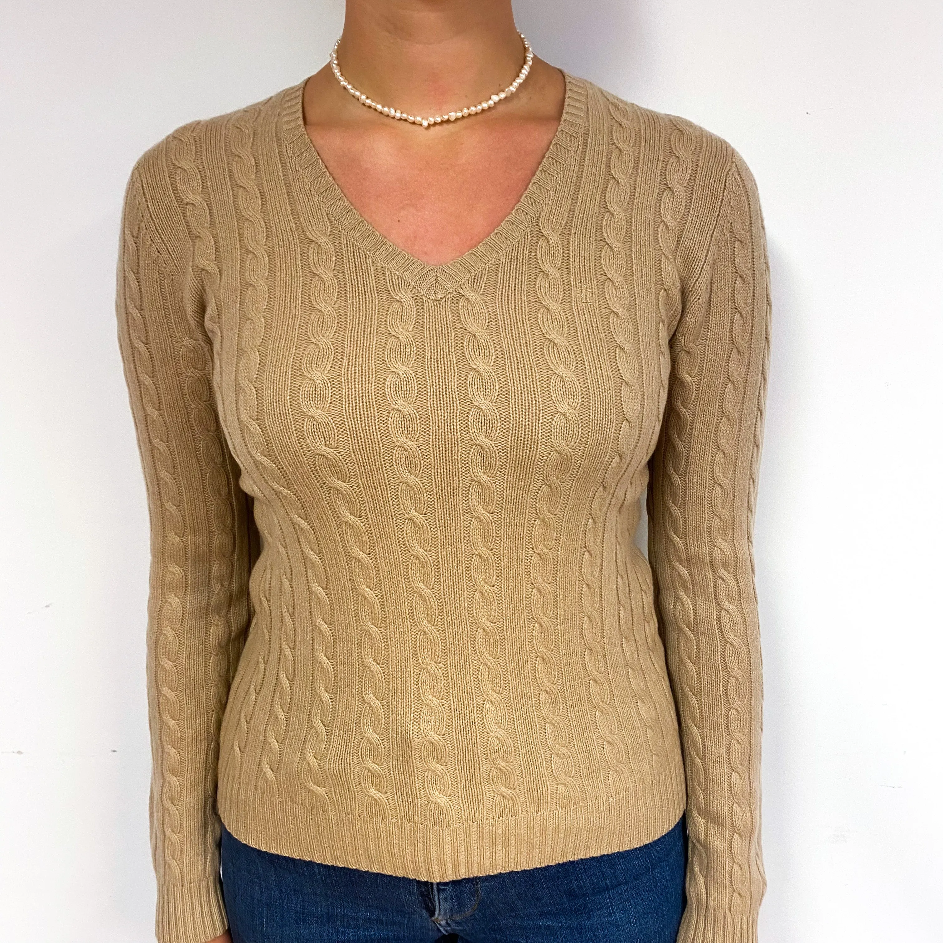 Ralph Lauren Camel Beige Cashmere V-Neck Jumper Small