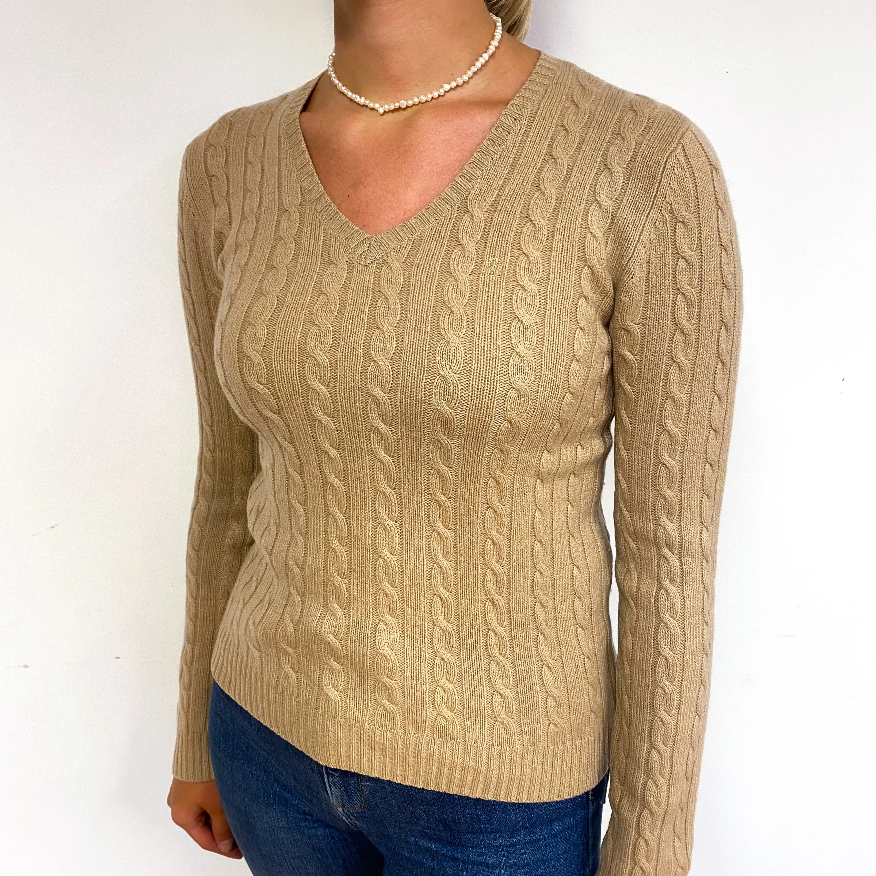 Ralph Lauren Camel Beige Cashmere V-Neck Jumper Small