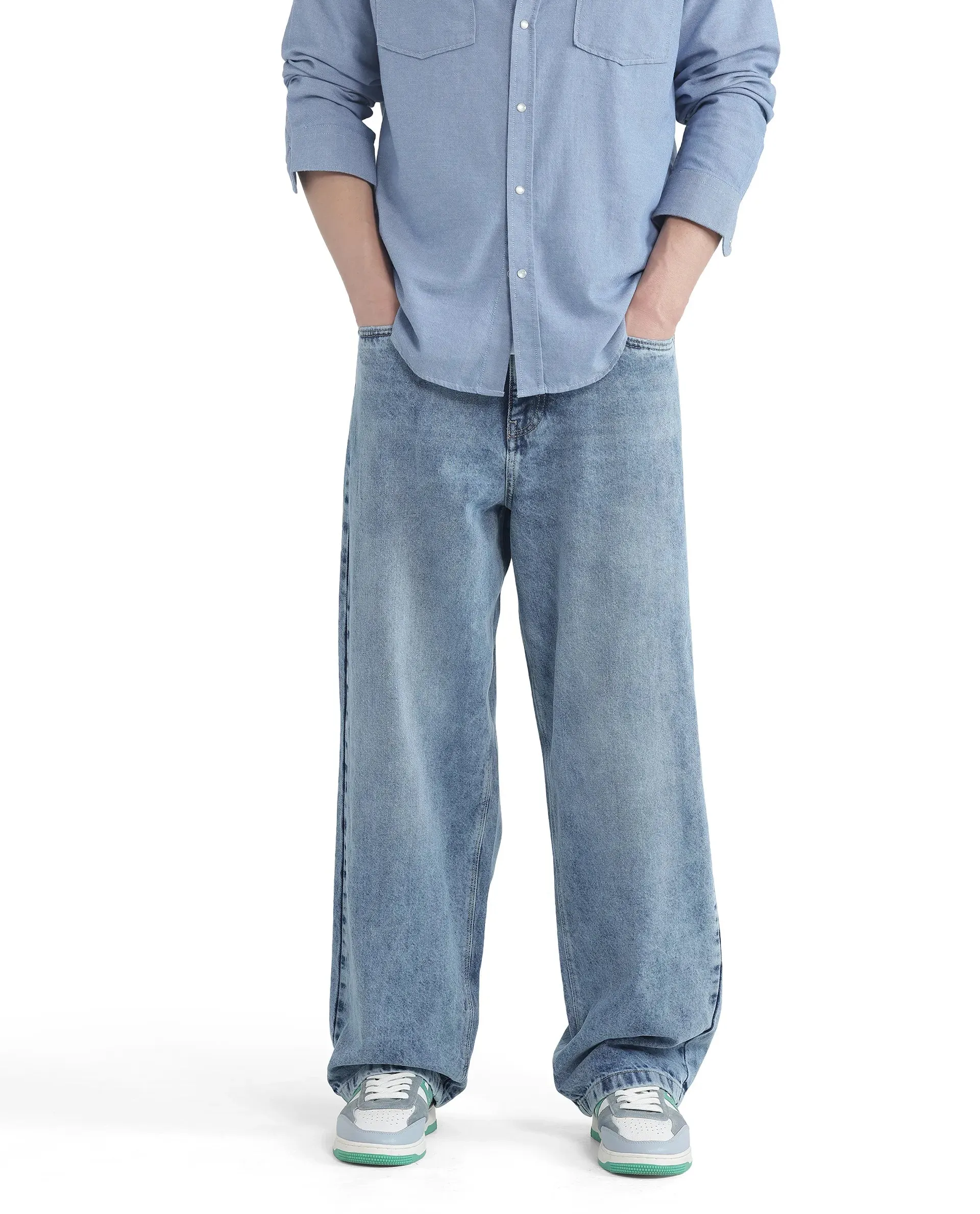 Rare Rabbit Men Riffin Light Blue Cotton Fabric Button And Zip Closure Baggy Fit Plain Jeans