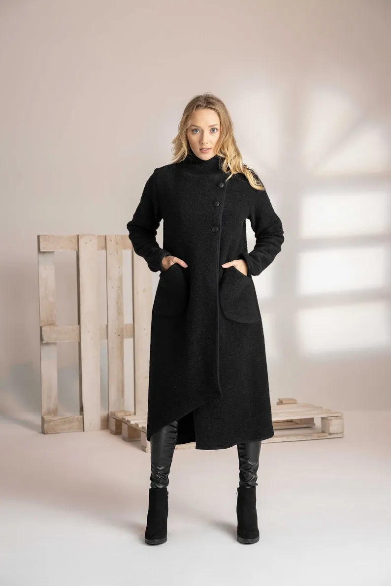 Raspberry Boiled Wool Coat with Pockets