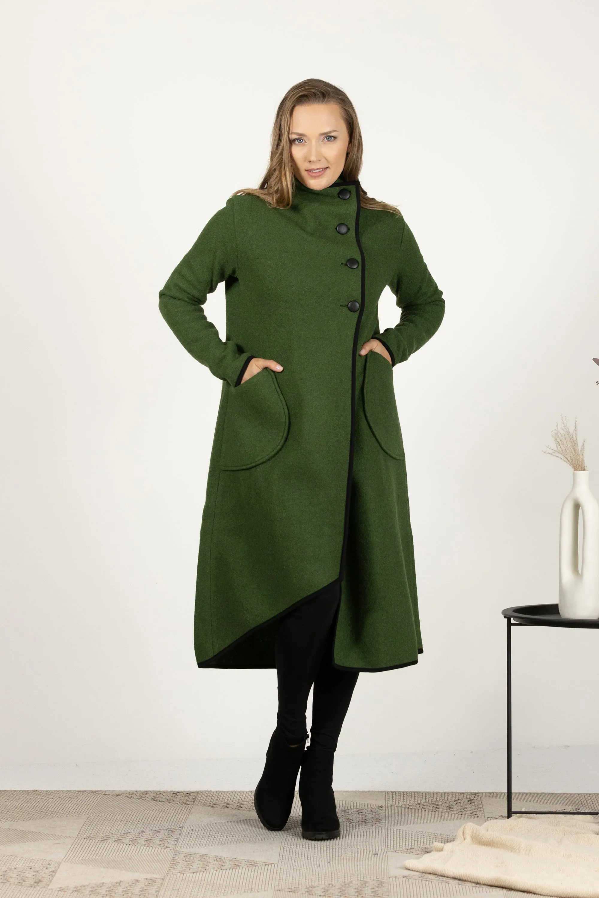 Raspberry Boiled Wool Coat with Pockets