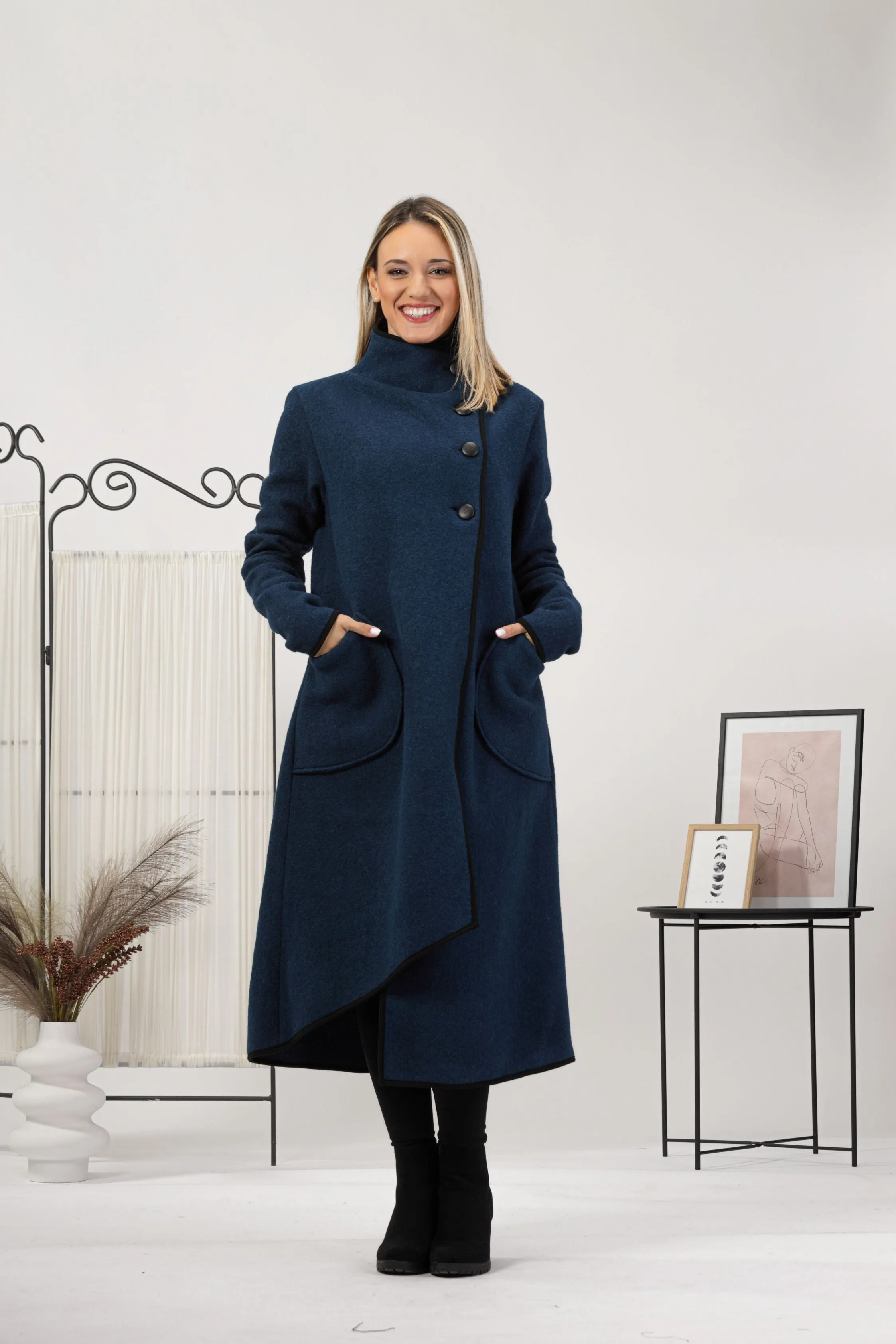 Raspberry Boiled Wool Coat with Pockets