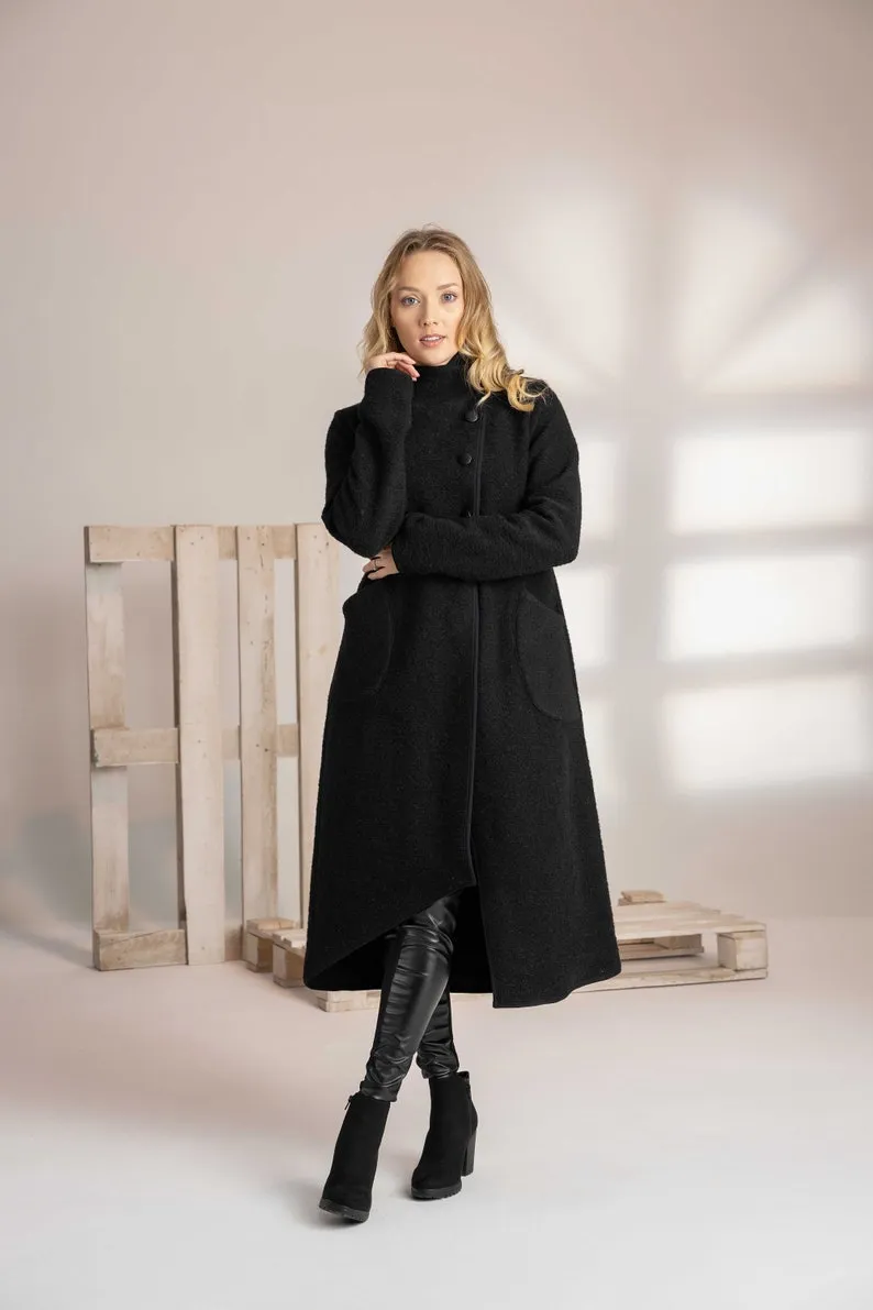 Raspberry Boiled Wool Coat with Pockets