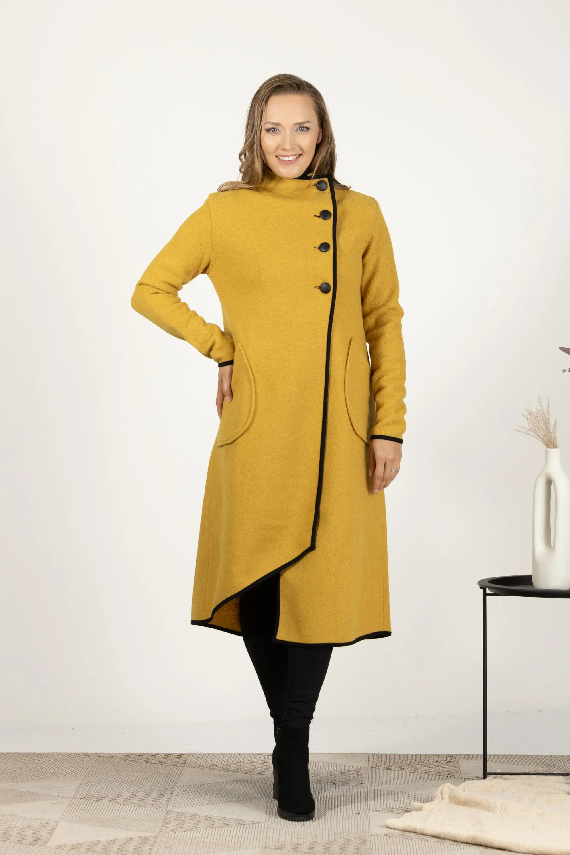 Raspberry Boiled Wool Coat with Pockets