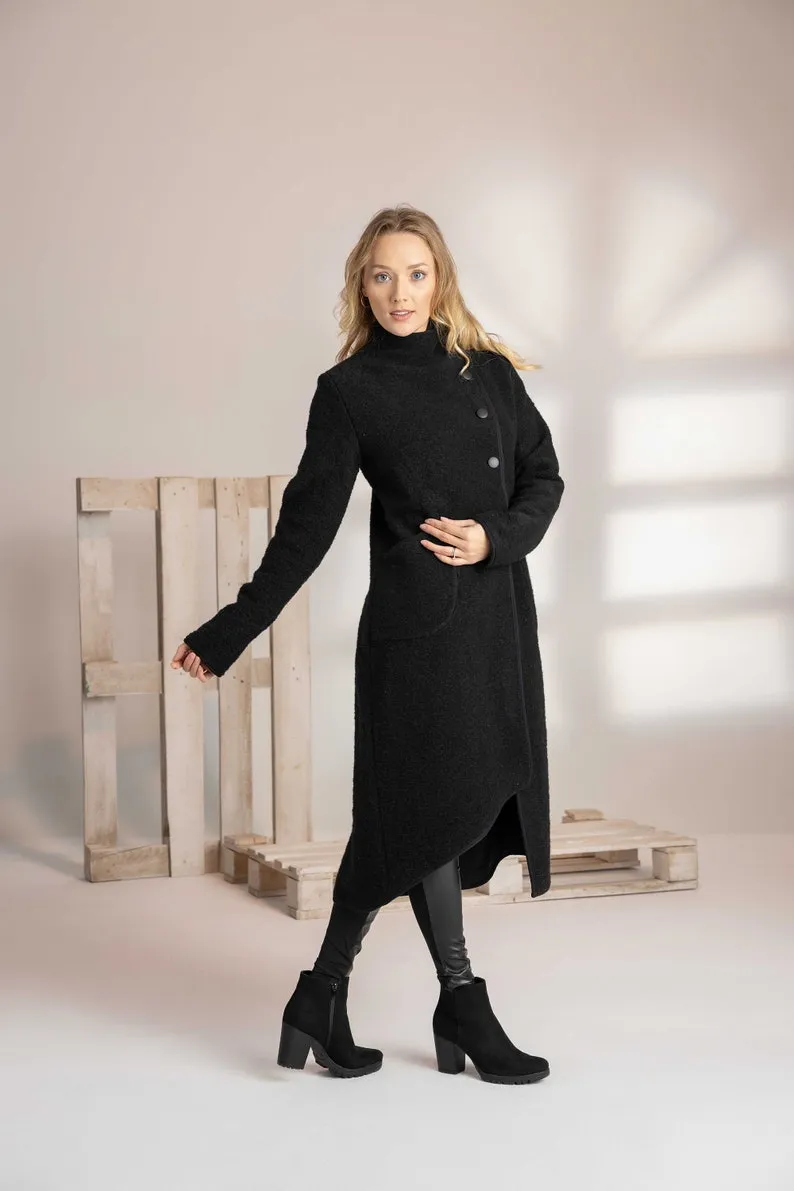 Raspberry Boiled Wool Coat with Pockets