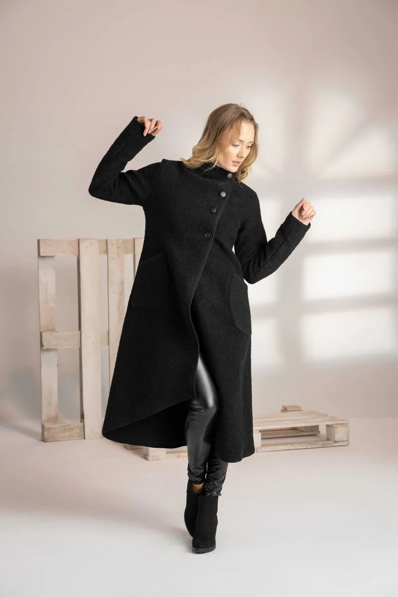 Raspberry Boiled Wool Coat with Pockets