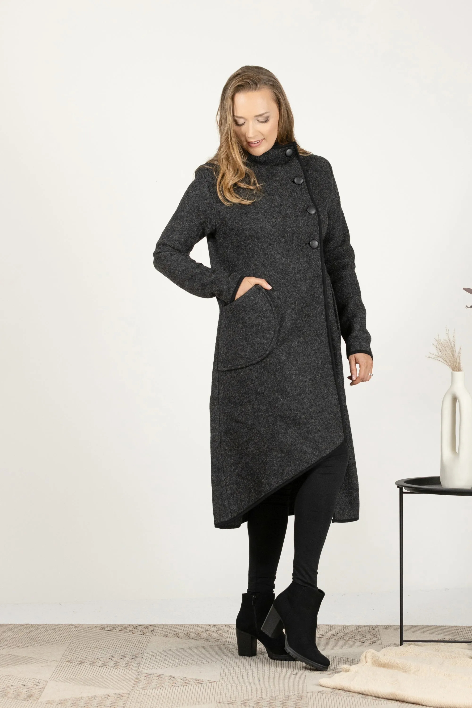 Raspberry Boiled Wool Coat with Pockets