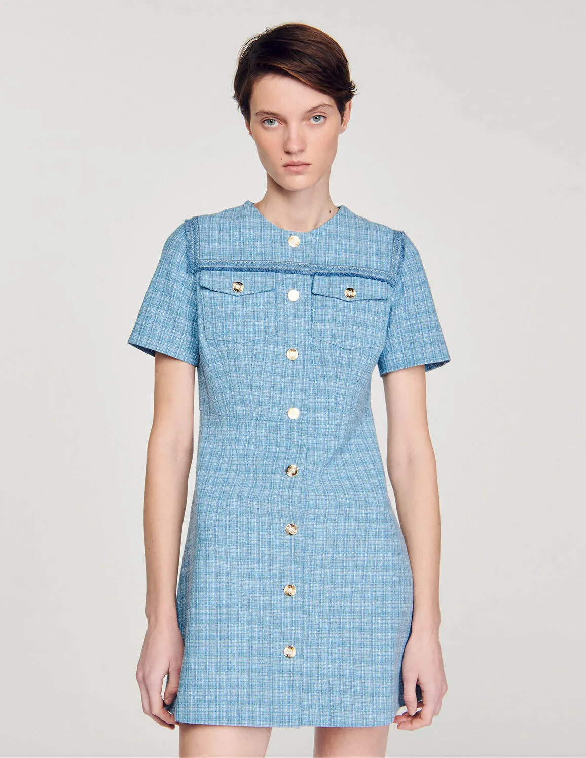 Short Buttoned Tweed Dress