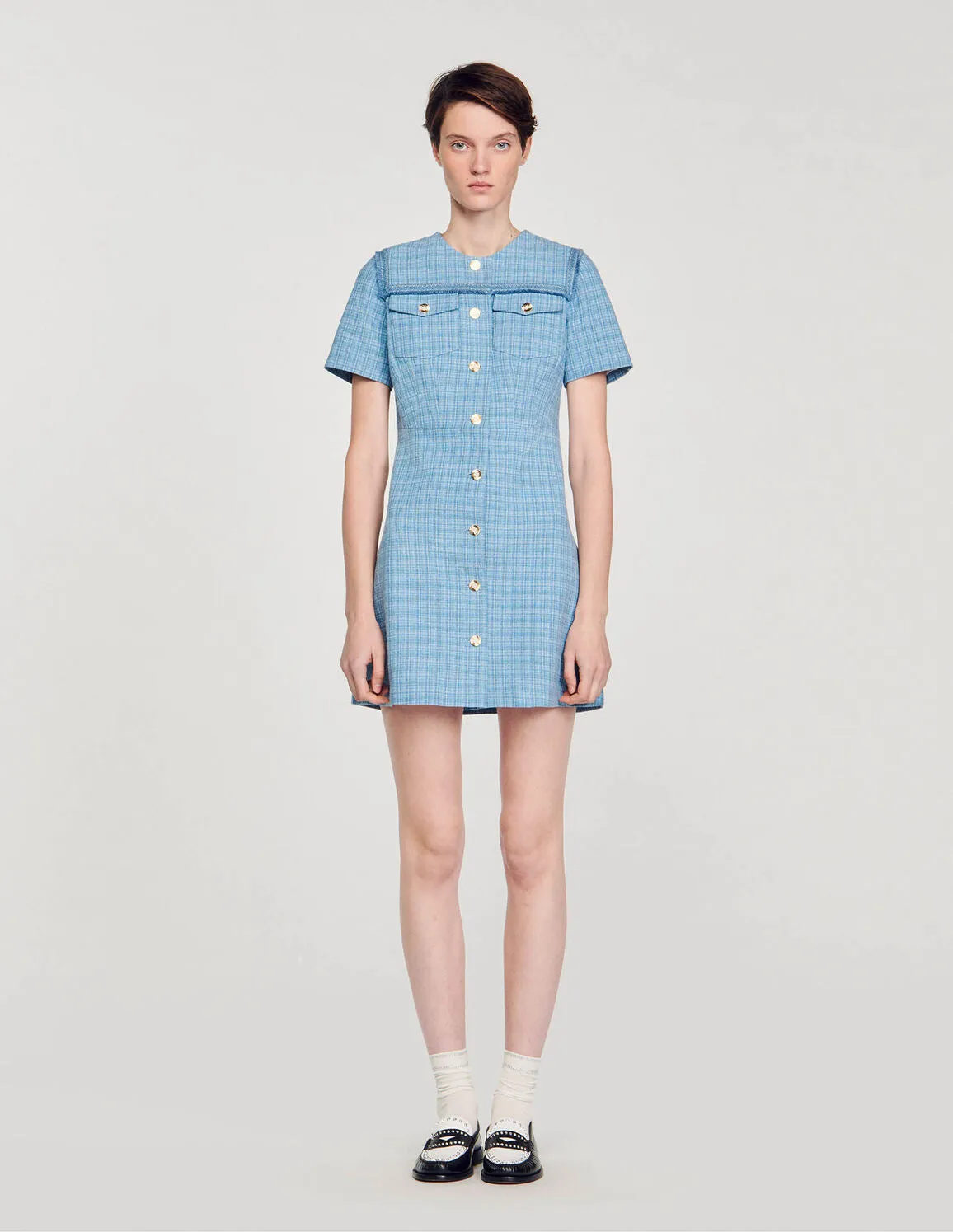 Short Buttoned Tweed Dress