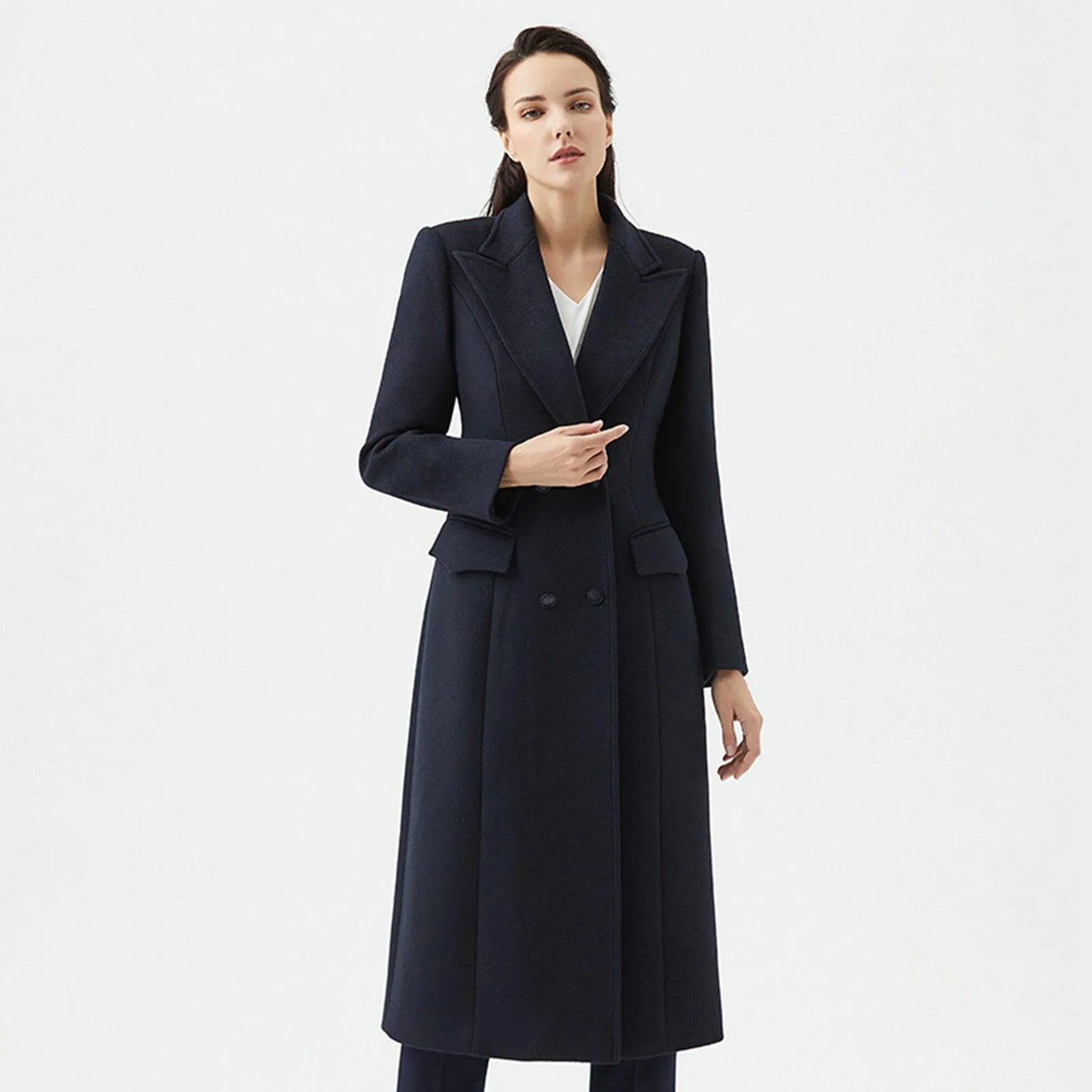 Slim Waist Double Breasted Wool Blend Longline Coat