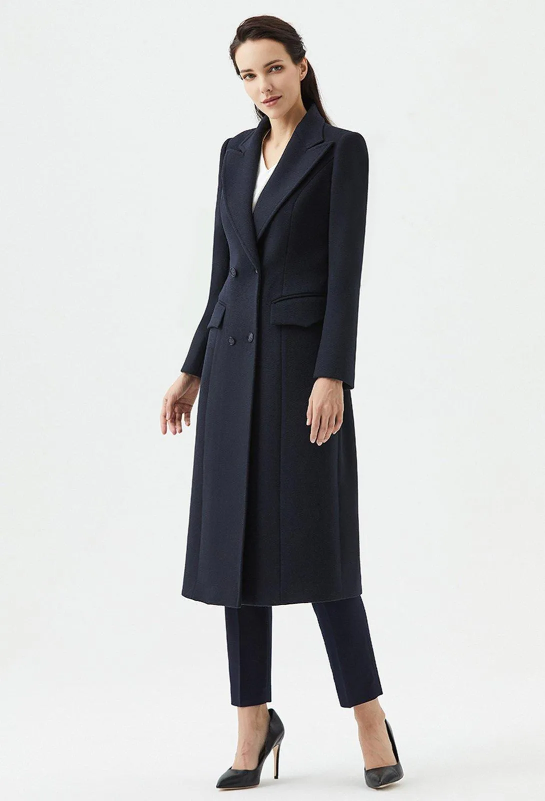 Slim Waist Double Breasted Wool Blend Longline Coat