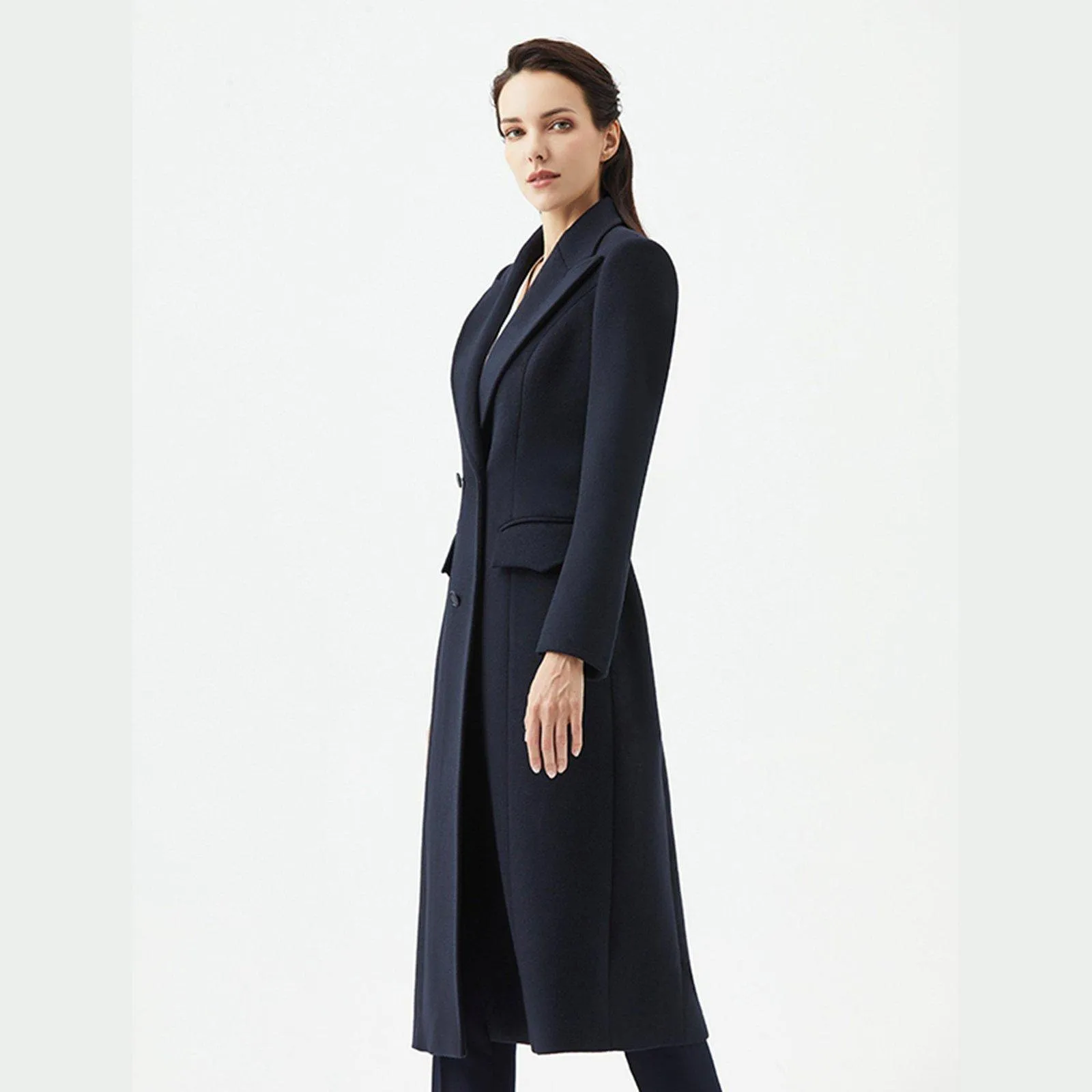 Slim Waist Double Breasted Wool Blend Longline Coat