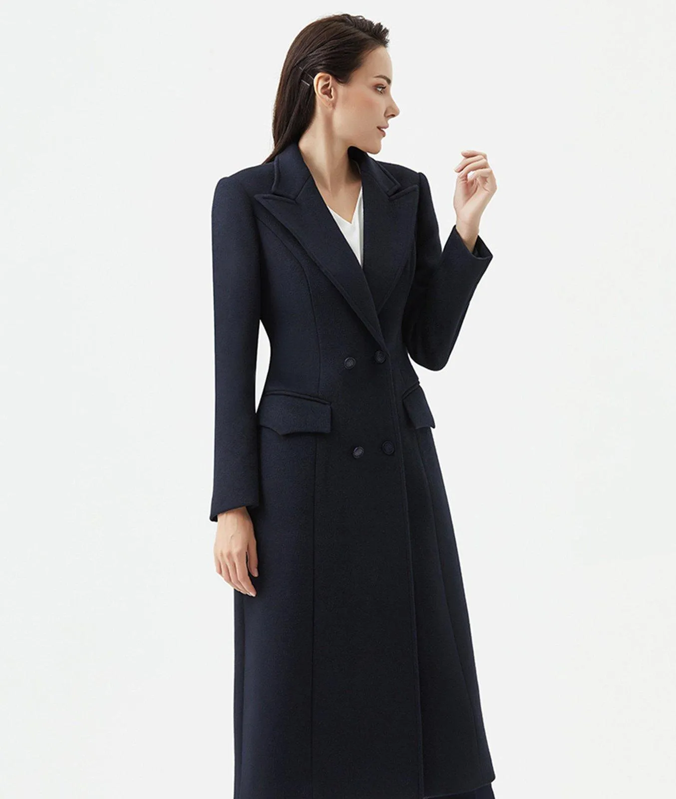 Slim Waist Double Breasted Wool Blend Longline Coat
