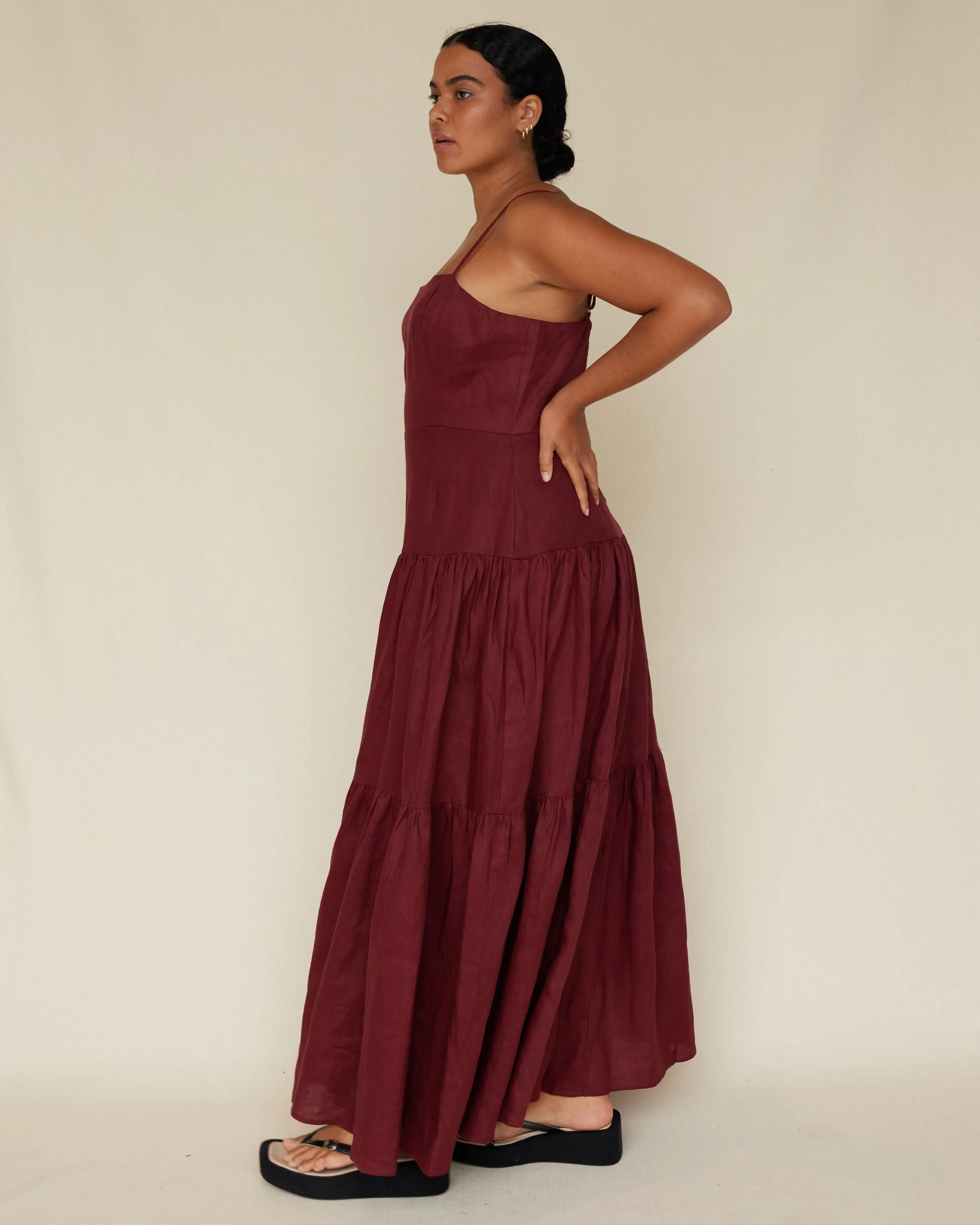 Sorrento Linen Maxi Dress - Merlot