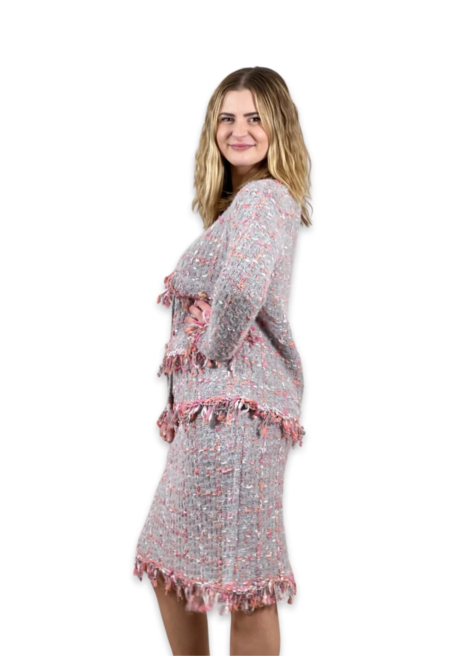 Sweater knit Tweed Skirt (Grey.Pink)