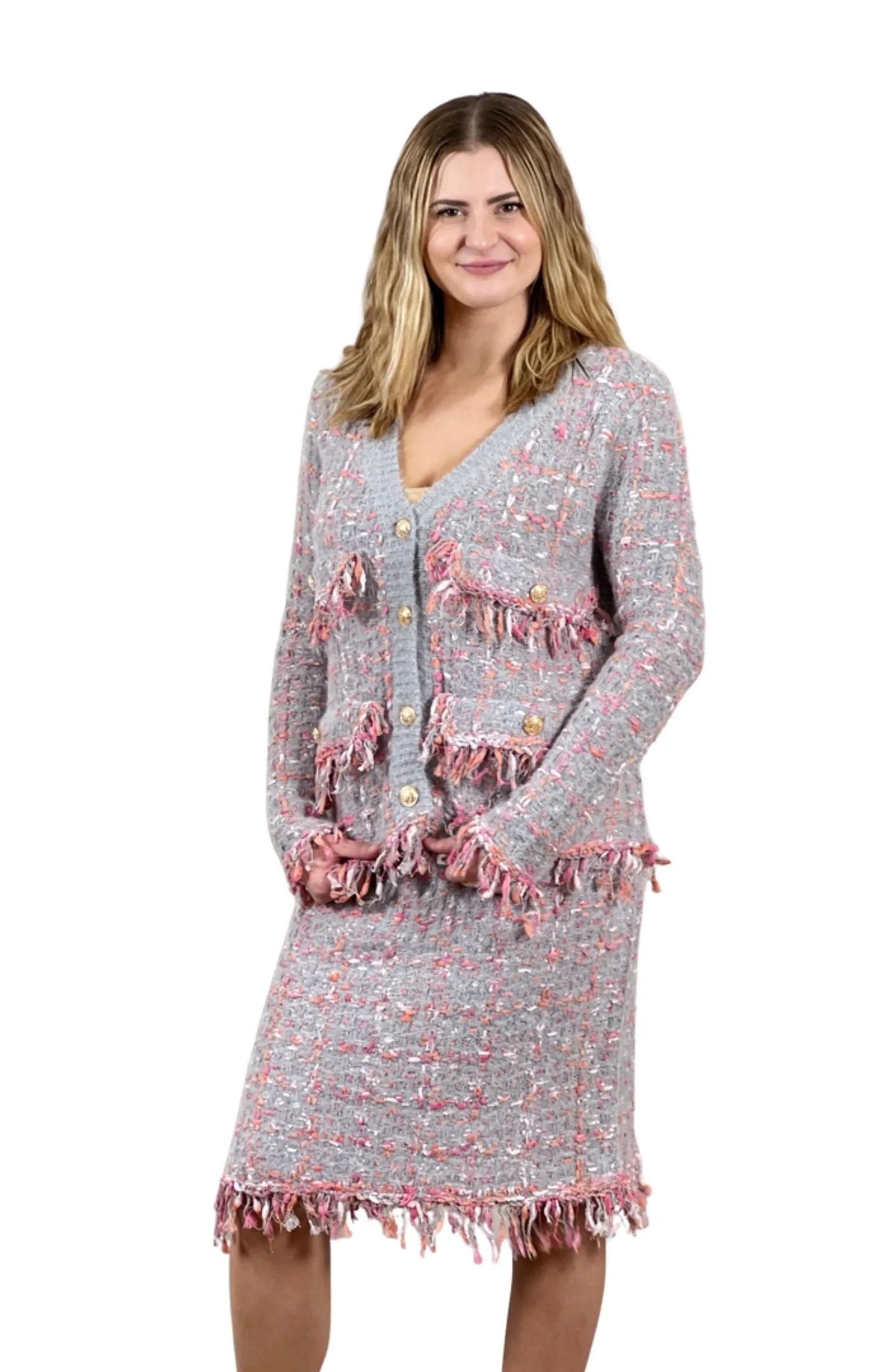 Sweater knit Tweed Skirt (Grey.Pink)