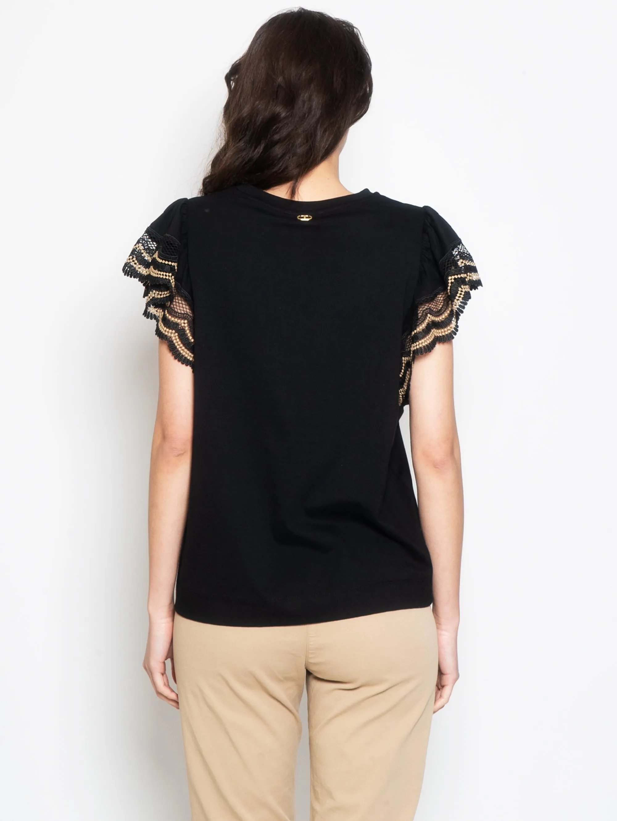 T-shirt con Maniche con Bordi in Pizzo Nero
