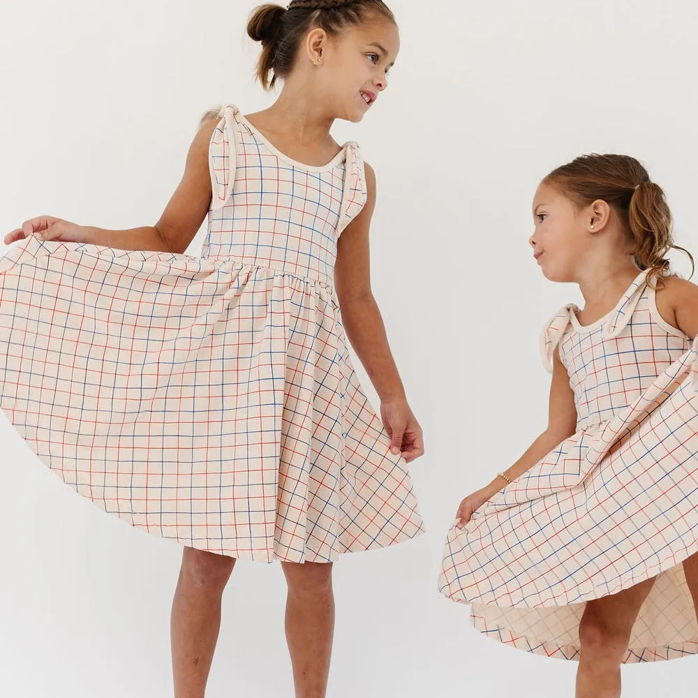 The Bow Tank Ballet Dress in Red and Blue Grid