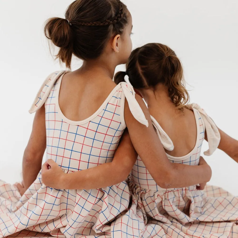 The Bow Tank Ballet Dress in Red and Blue Grid