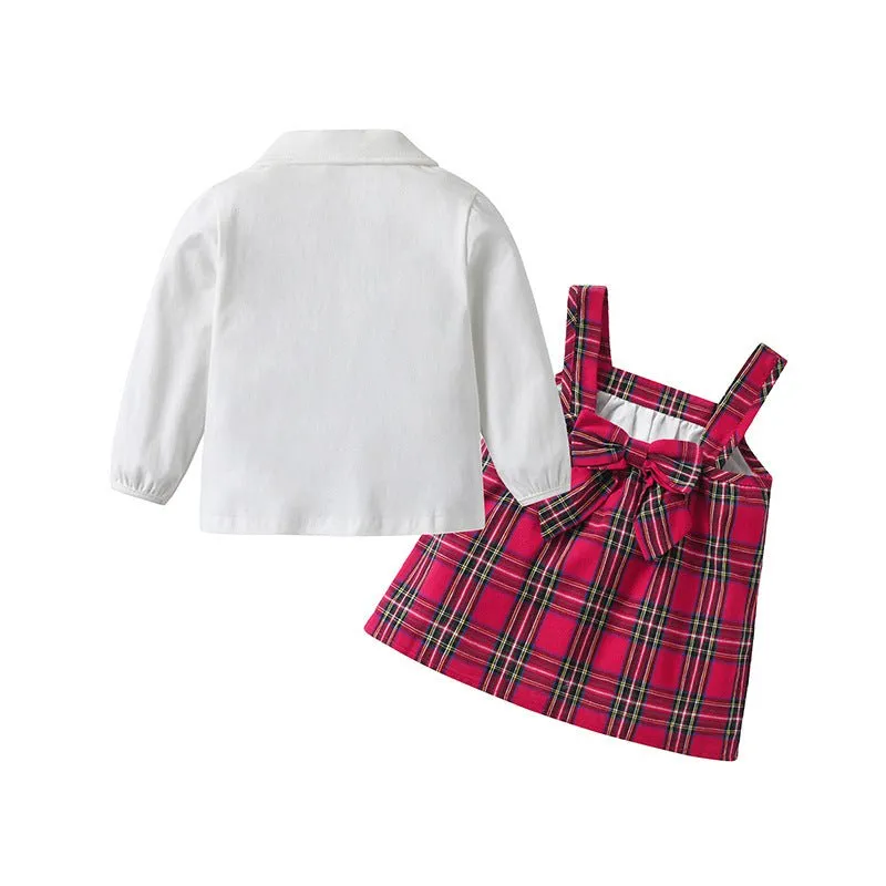 Toddler/Kid Girl's Red Plaid Dress with White Shirt Set