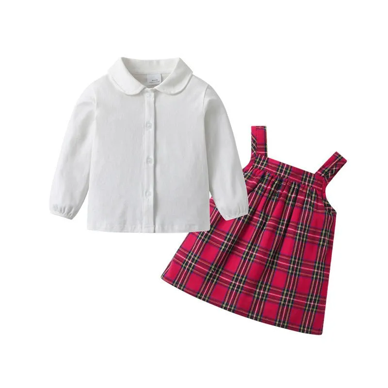 Toddler/Kid Girl's Red Plaid Dress with White Shirt Set