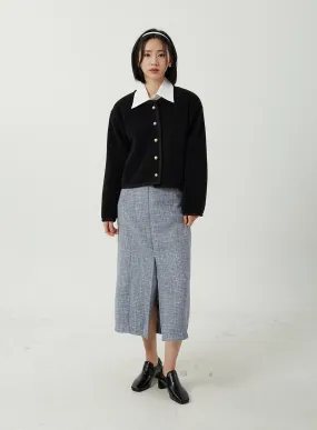 Tweed Front Slit Maxi Skirt OJ311