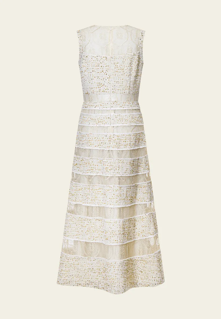 Tweed-Lace Striped Sleeveless Maxi Dress