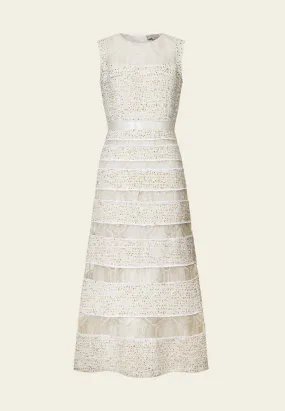 Tweed-Lace Striped Sleeveless Maxi Dress