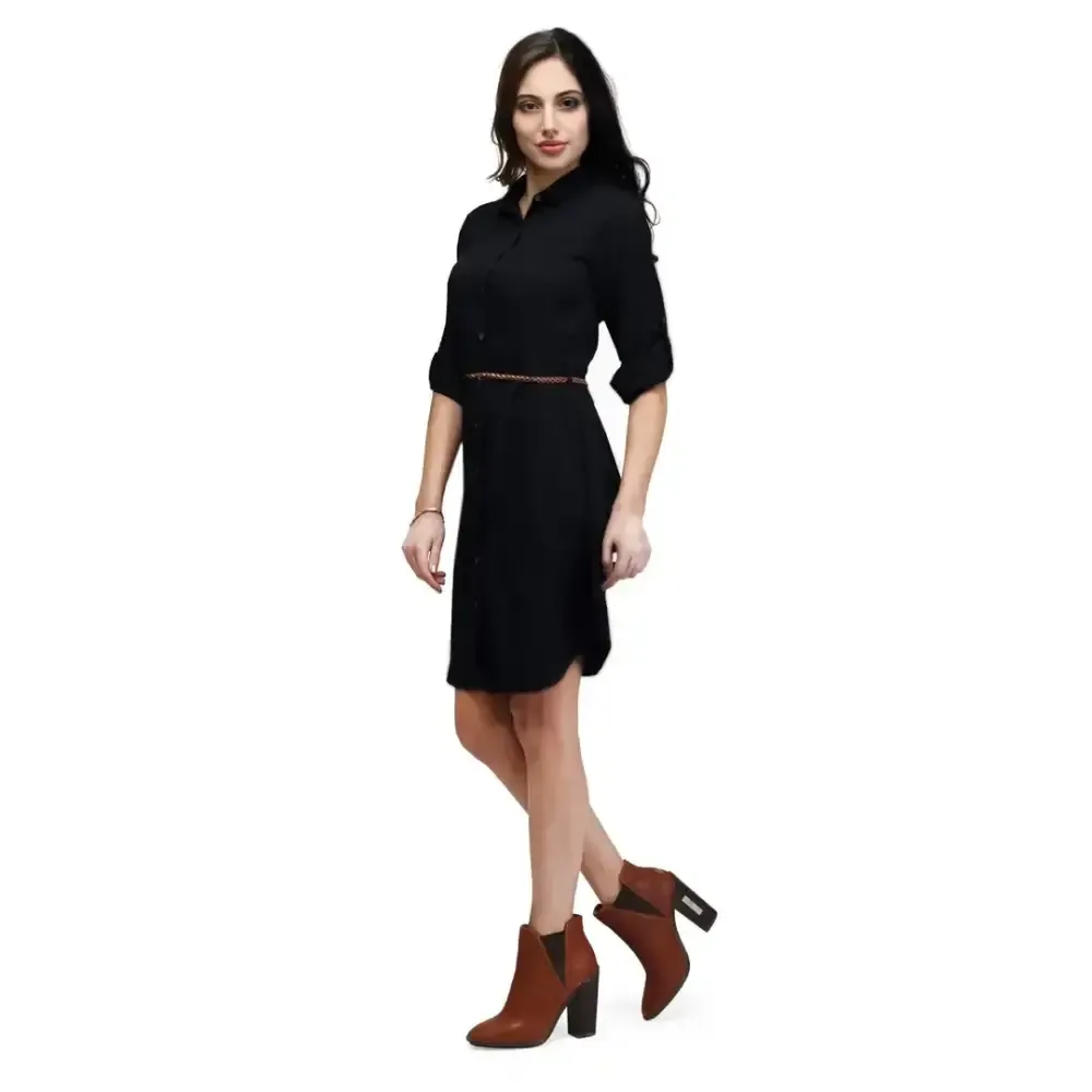 V&M Women's Black Crepe Button Up Roll Up Sleeves Summer Shirt Dress,Belt Not Included