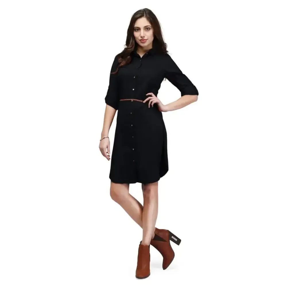 V&M Women's Black Crepe Button Up Roll Up Sleeves Summer Shirt Dress,Belt Not Included