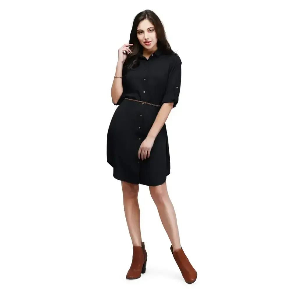 V&M Women's Black Crepe Button Up Roll Up Sleeves Summer Shirt Dress,Belt Not Included