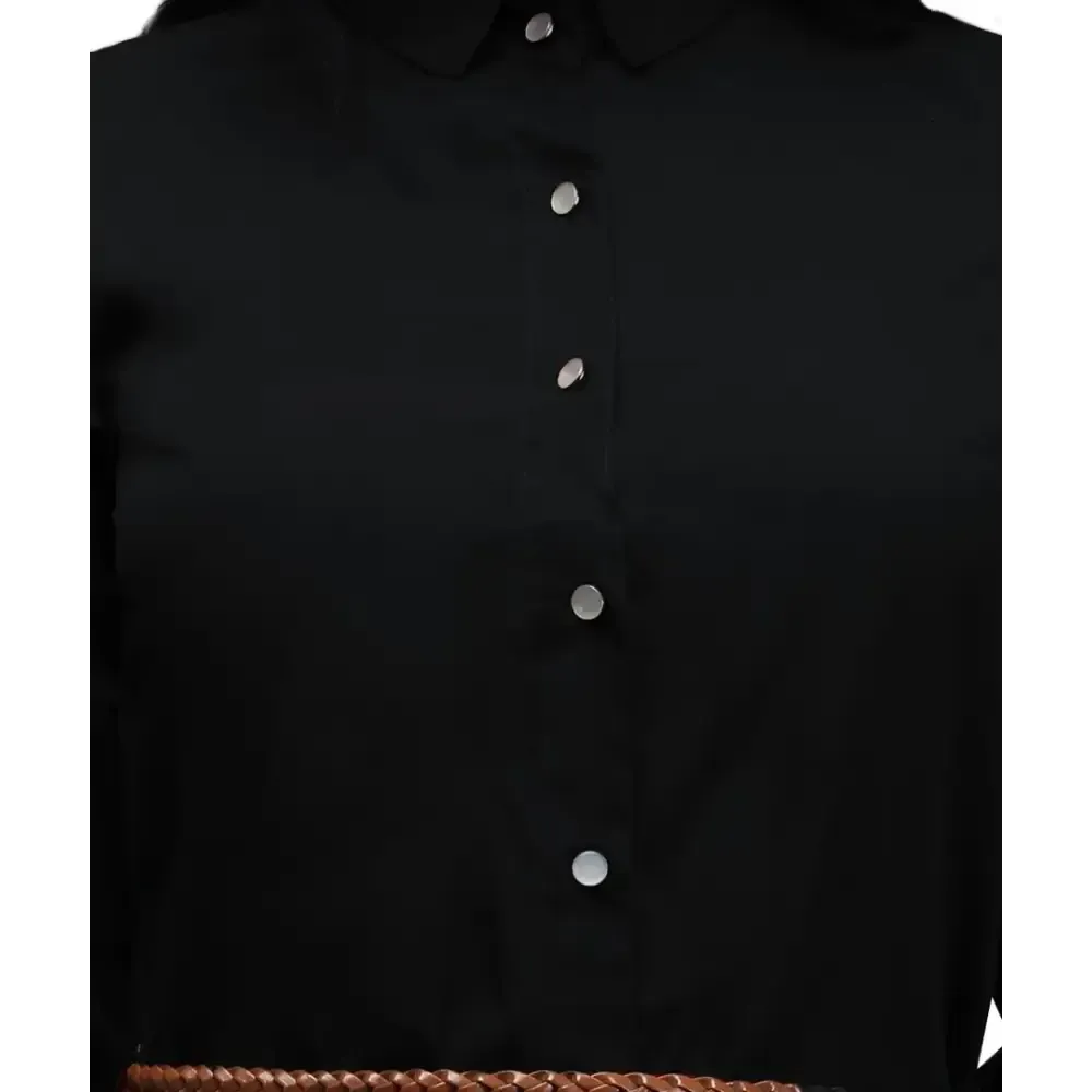 V&M Women's Black Crepe Button Up Roll Up Sleeves Summer Shirt Dress,Belt Not Included