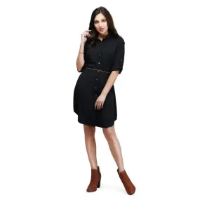 V&M Women's Black Crepe Button Up Roll Up Sleeves Summer Shirt Dress,Belt Not Included