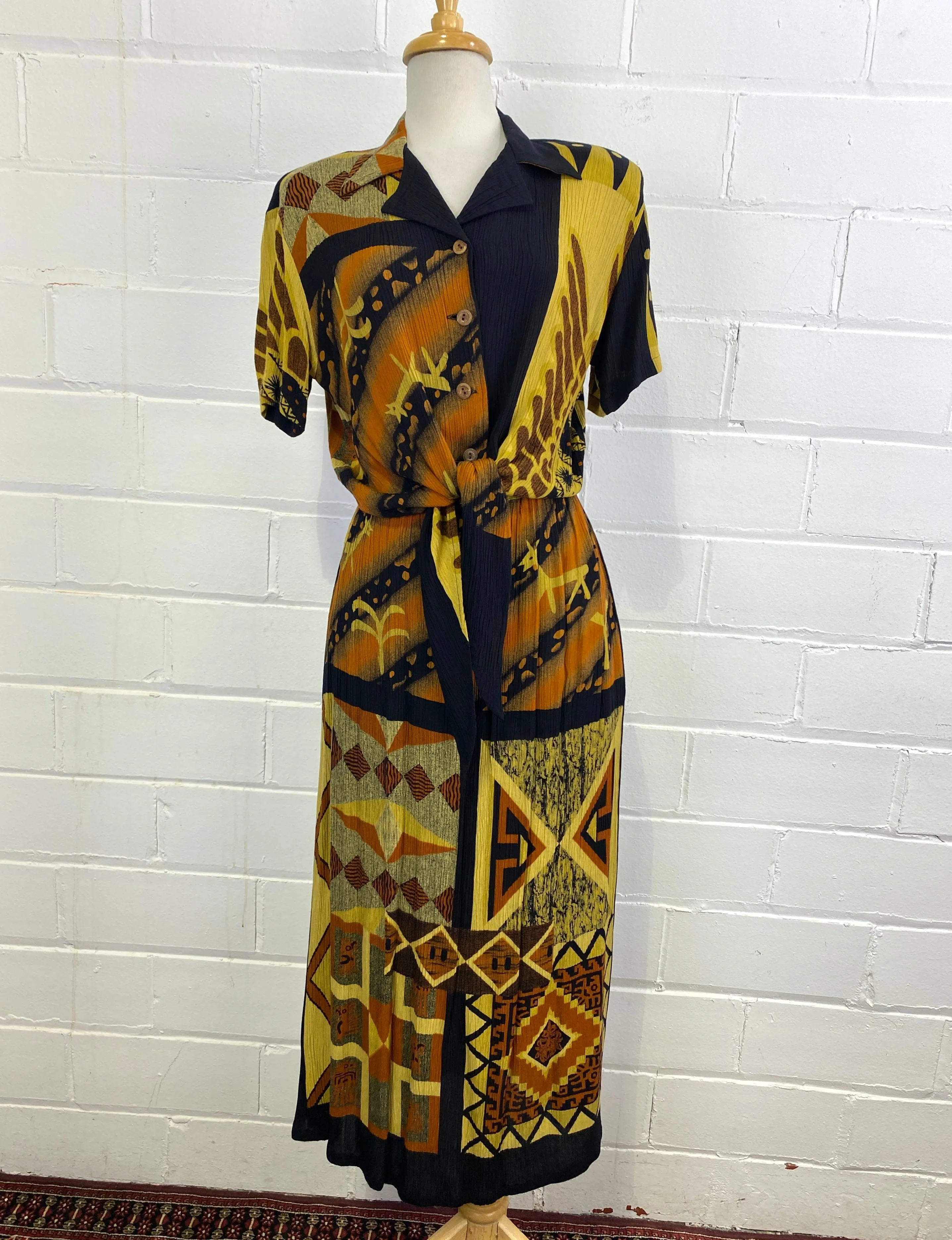 Vintage 1980s Rust/ Gold 2-Piece Crinkle Rayon Skirt and Blouse Set