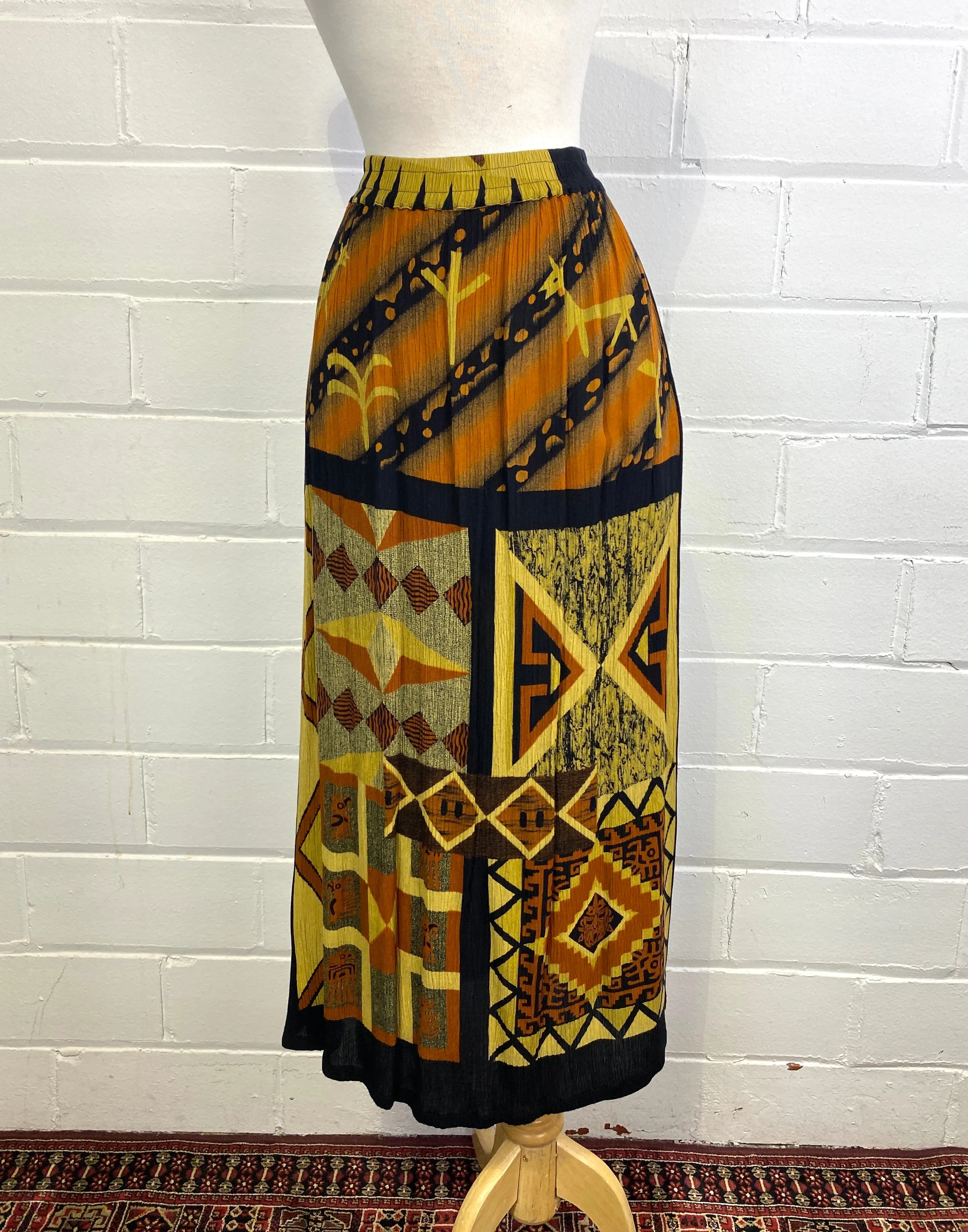 Vintage 1980s Rust/ Gold 2-Piece Crinkle Rayon Skirt and Blouse Set