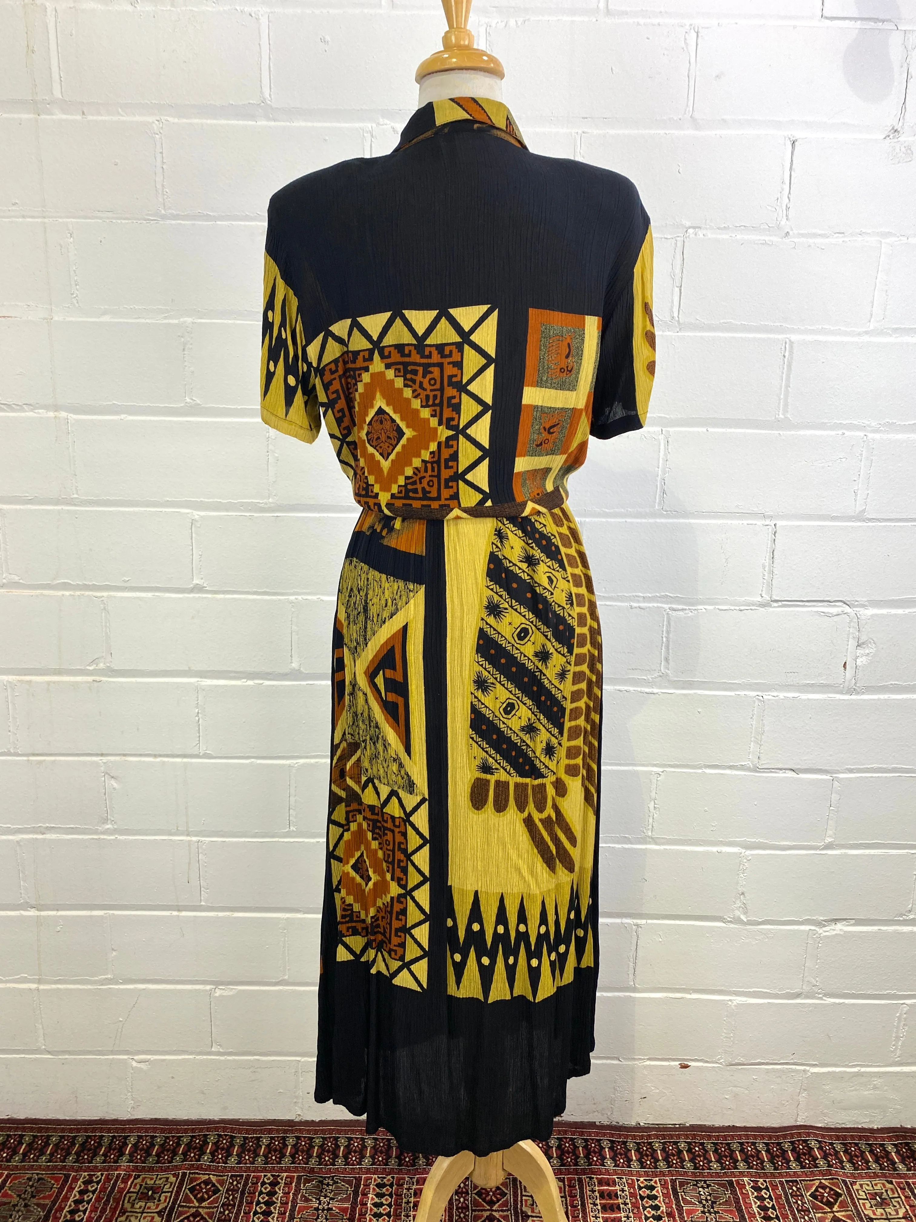 Vintage 1980s Rust/ Gold 2-Piece Crinkle Rayon Skirt and Blouse Set
