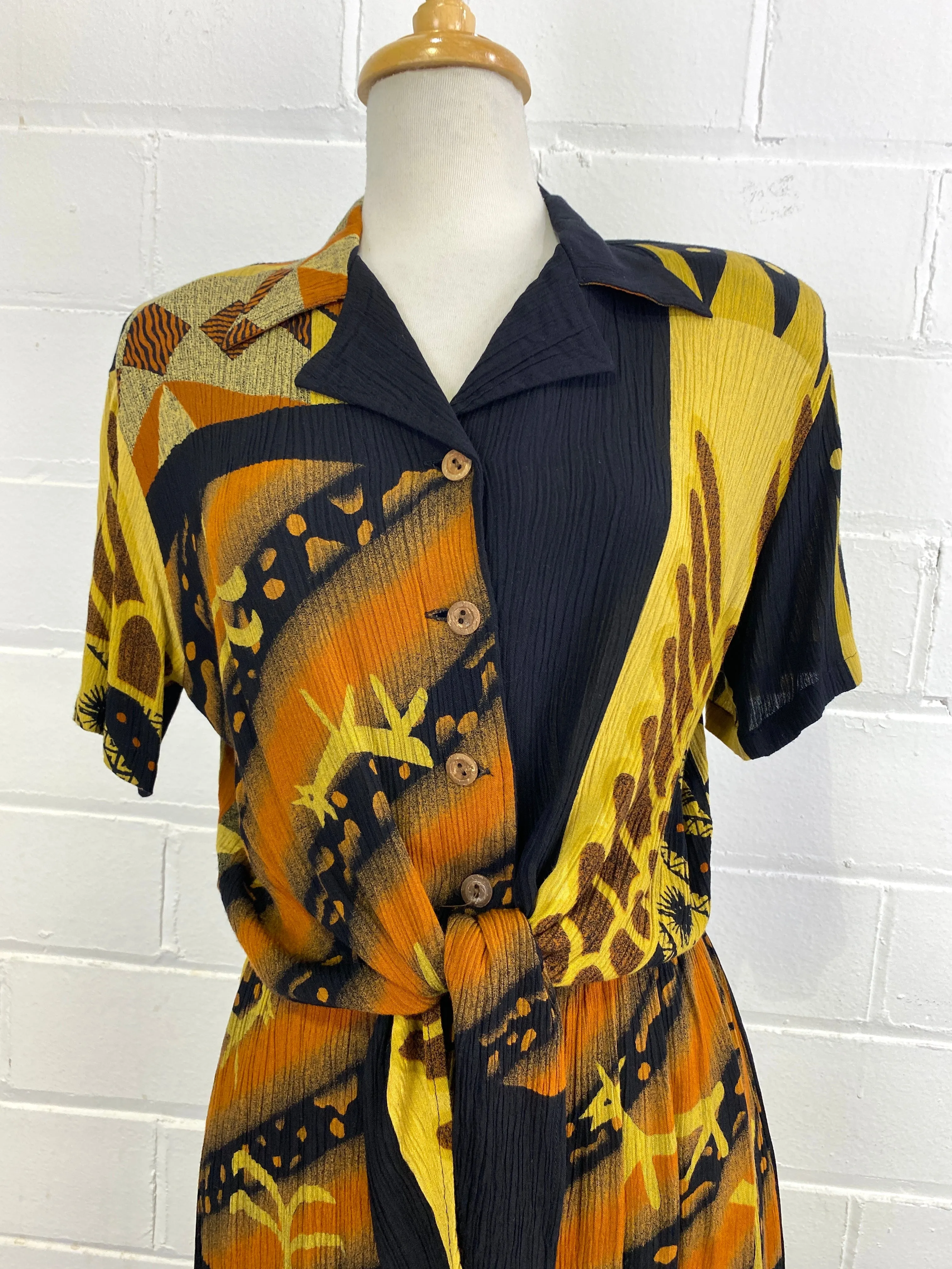 Vintage 1980s Rust/ Gold 2-Piece Crinkle Rayon Skirt and Blouse Set