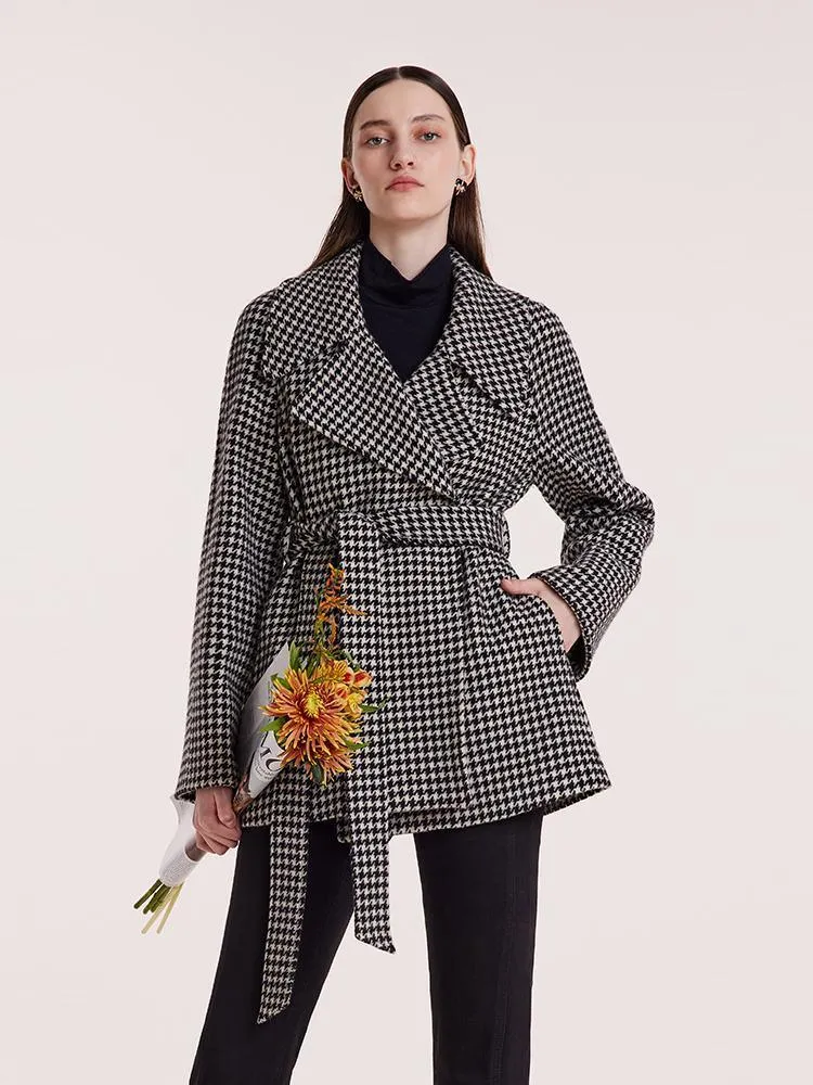 Washable Wool Houndstooth Coat With Belt